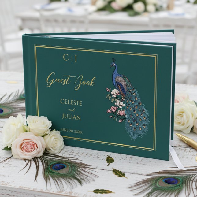 Elegant Teal Peacock Photo Wedding Guest Book (Elegant Modern Teal Floral Peacock Wedding Guest Books. Bird, Ornate Teal Feathers, Chic Gold Foil)