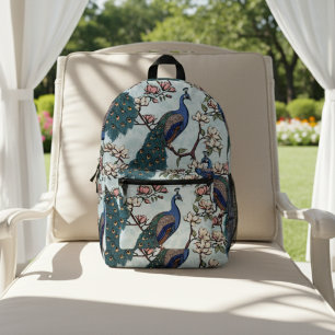 Elegant Teal Peacocks and Magnolia Flowers Floral Printed Backpack