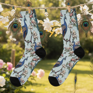 Elegant Teal Peacocks and Magnolia Flowers Socks