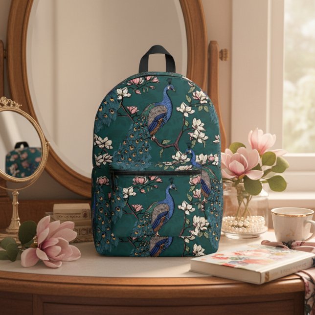 Elegant Teal Peacocks & Magnolia Flowers Green Printed Backpack (Chic Blue & Teal Peacock in Magnolia Tree with Flowers on Dark Teal. Elegant Floral Pattern for Her)