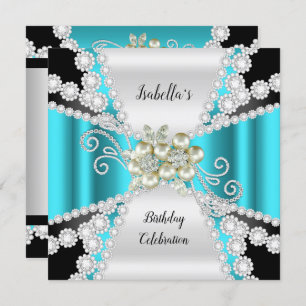 Elegant Teal Pearl Black White Diamond Birthday Invitation