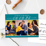 Elegant Teal Photo Collage Wedding Save The Date<br><div class="desc">These stylish wedding save the date announcement cards include three 2 x 3" engagement photos with the date featured in elegant script writing. Personalise the card template wording on the front and back of the card for your big day. The teal green background and text colour can be customised to...</div>