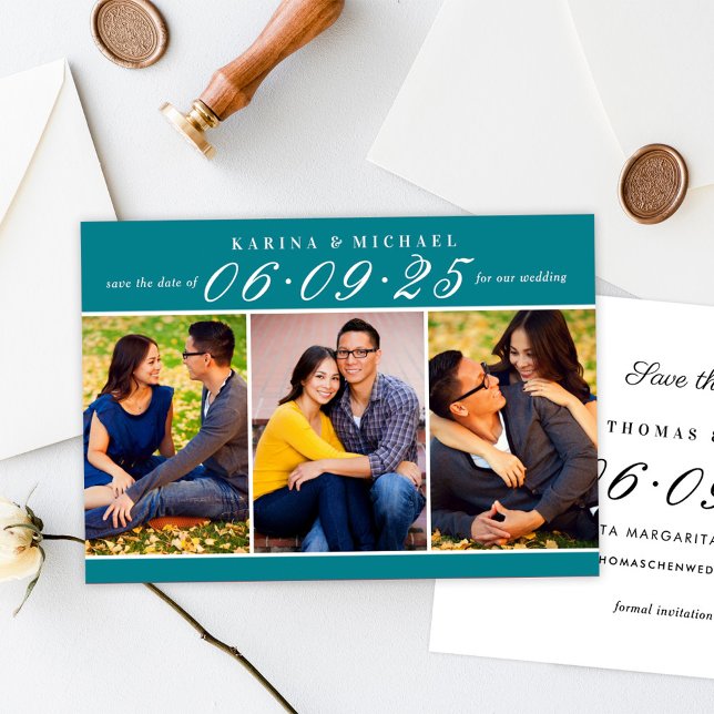 Elegant Teal Photo Collage Wedding Save The Date (Creator Uploaded)
