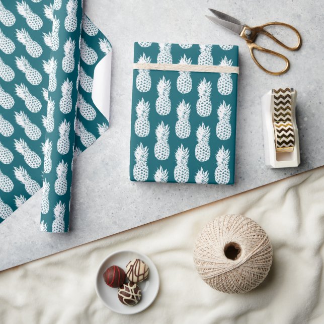 Elegant teal pineapple fruit pattern custom wrapping paper (Crafts)