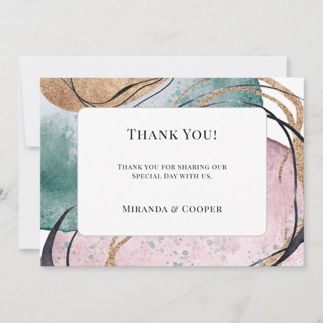 Elegant Teal Pink Abstract Wedding Thank You Card (Front)