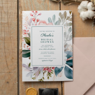 Elegant Teal Pink Floral Bouquet Bridal Shower Invitation