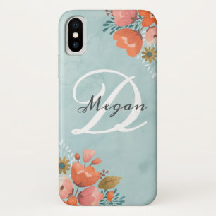 Elegant Teal Pink Floral Monogram iPhone X Case