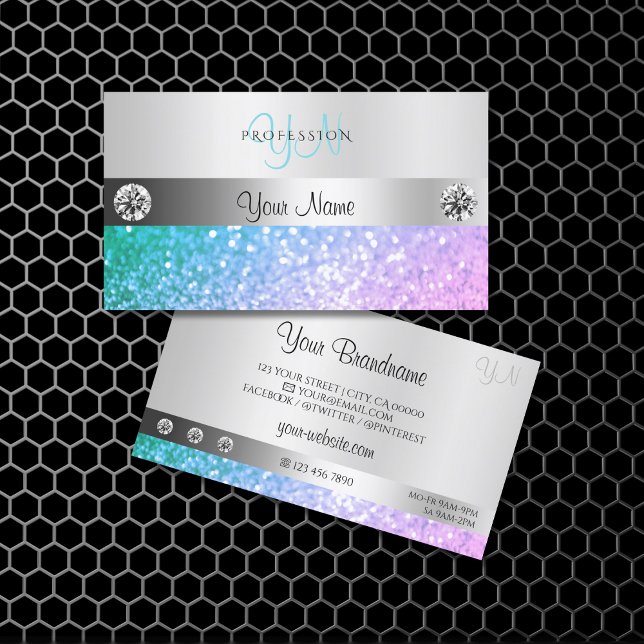 Elegant Teal Pink Glitter Monogram Luminous Silver Business Card (Creator Uploaded)