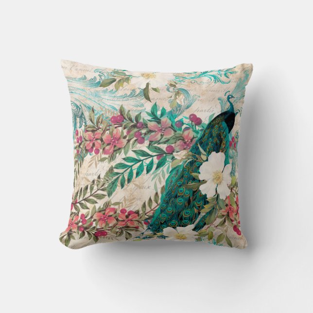 Elegant Teal Pink White Peacock Floral Cushion (Front)