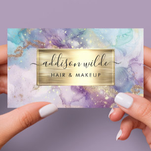 Elegant Teal Purple And Gold Watercolor Marble QR Business Card
