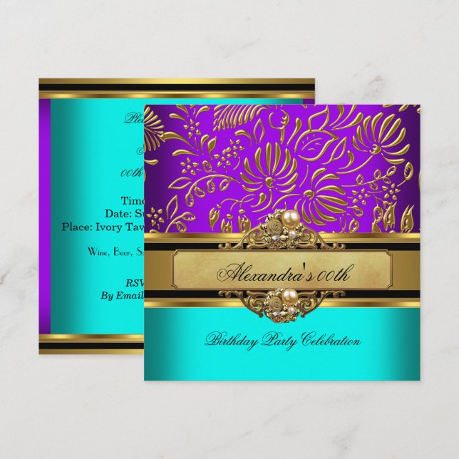 Elegant Teal Purple Gold Damask Birthday Party Invitation (Front/Back)