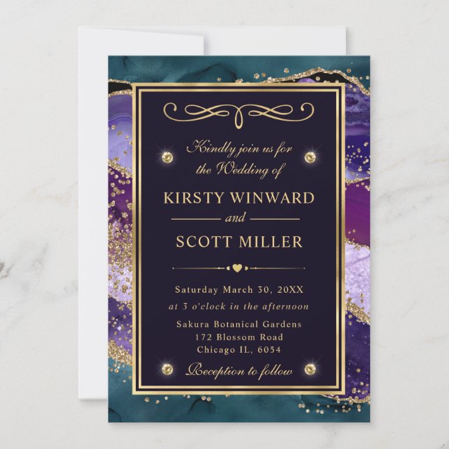 Elegant Teal, Purple & Gold Glitter Agate Wedding Invitation (Front)