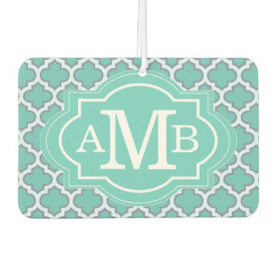 Elegant Teal Quatrefoil Pattern Custom Monogram Car Air Freshener