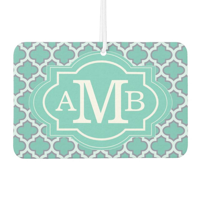 Elegant Teal Quatrefoil Pattern Custom Monogram Car Air Freshener (Front)