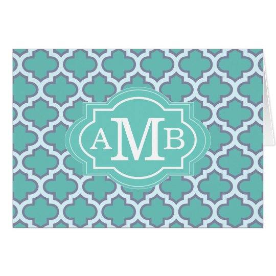 Elegant Teal Quatrefoil Pattern Custom Monogram Card