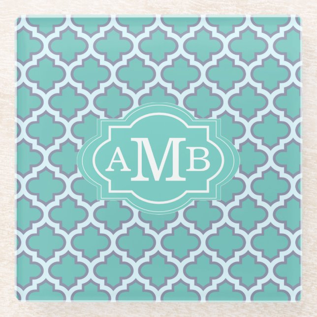 Elegant Teal Quatrefoil Pattern Custom Monogram Glass Coaster (Front)