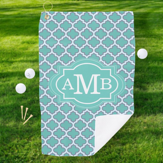 Elegant Teal Quatrefoil Pattern Custom Monogram Golf Towel (Creator Uploaded)