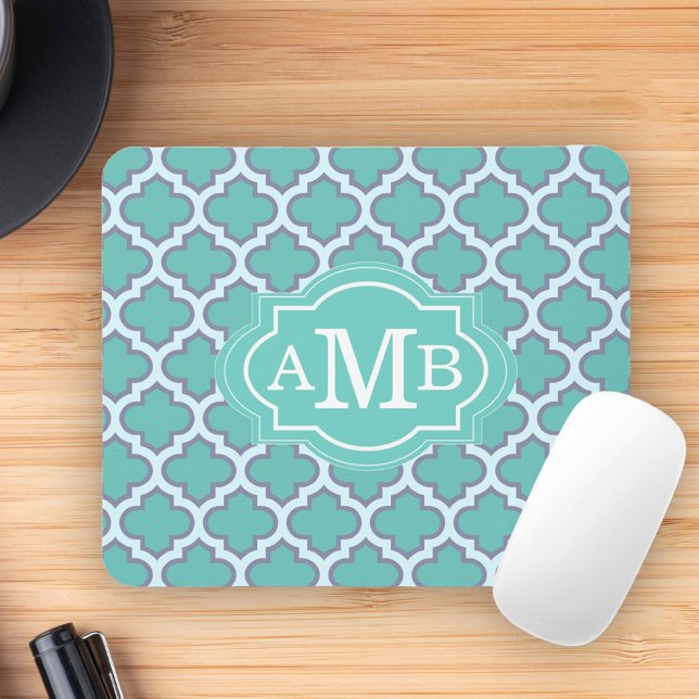 Elegant Teal Quatrefoil Pattern Custom Monogram Mouse Pad (Creator Uploaded)