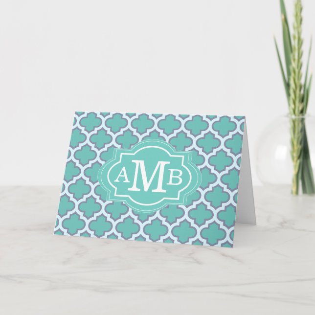 Elegant Teal Quatrefoil Pattern Custom Monogram Note Card (Front)