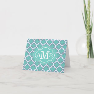 Elegant Teal Quatrefoil Pattern Custom Monogram Note Card