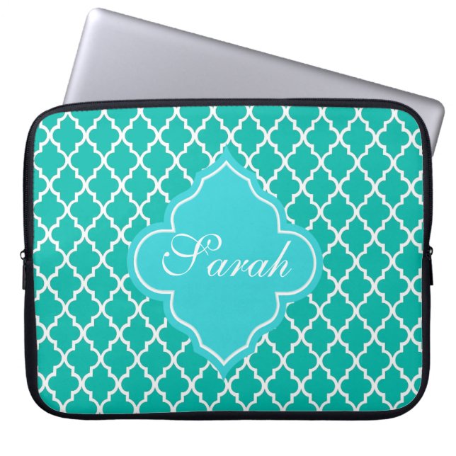 Elegant teal quatrefoil pattern monogram laptop sleeve (Front)