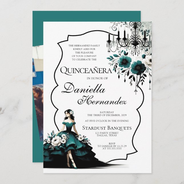 Elegant Teal Quinceañera Invitation (Front/Back)