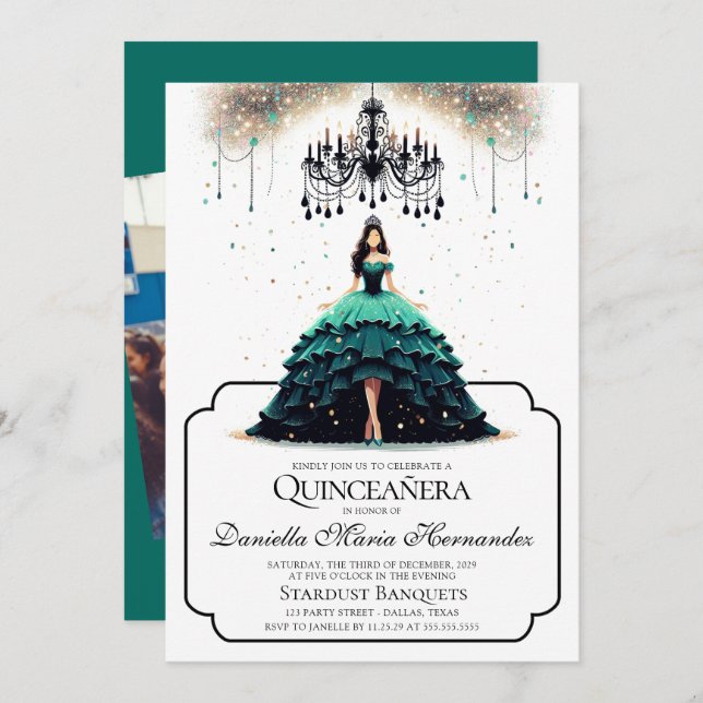 Elegant Teal Quinceañera Invitation (Front/Back)