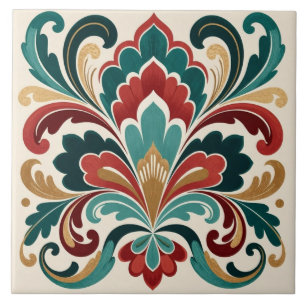 Elegant Teal–Red Ornamental Bloom Ceramic Tile