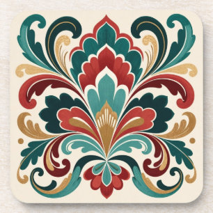 Elegant Teal–Red Ornamental Bloom Coaster