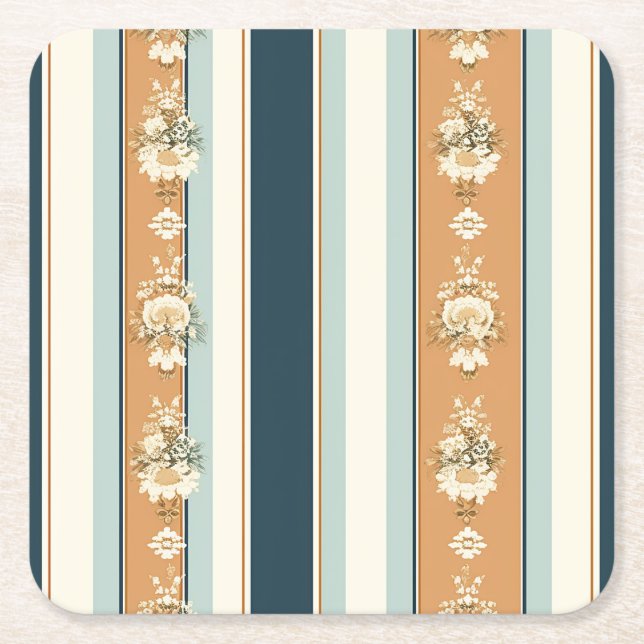 Elegant Teal Regency Stripes Square Paper Coaster (Front)