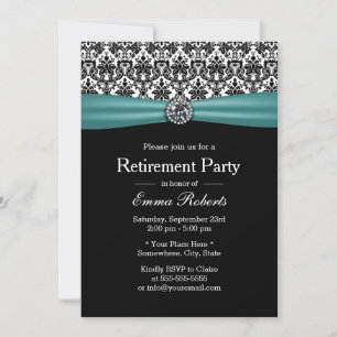 Elegant Teal Ribbon Damask Retirement Party Invitation