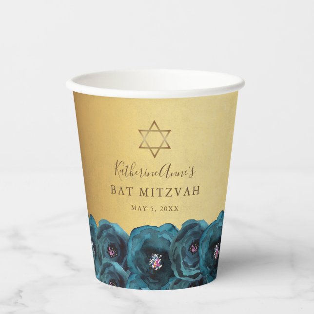 Elegant Teal Rose Floral Gold Bat Mitzvah Paper Cups (Front)