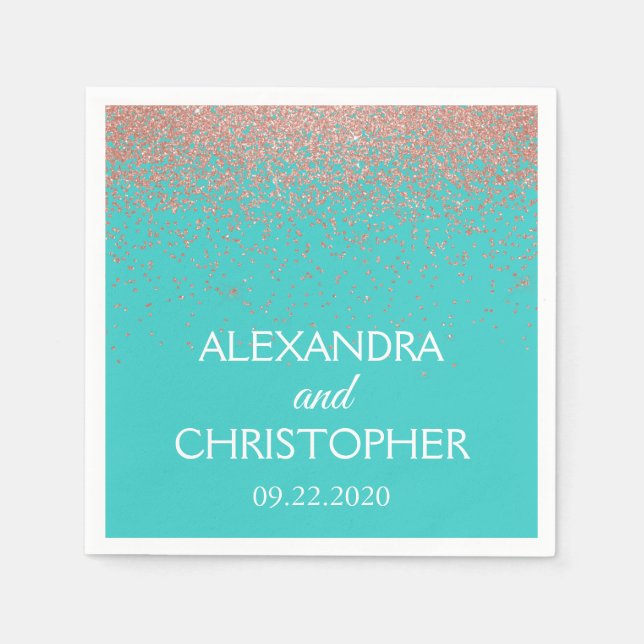 Elegant Teal & Rose Gold Glitter Confetti Wedding Napkin (Front)