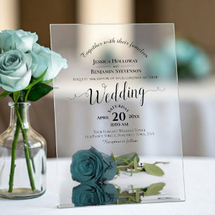 Elegant Teal Rose Lacy Calligraphy Wedding Acrylic Invitations