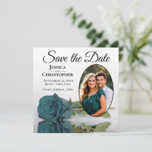 Elegant Teal Rose on White with Oval Photo Wedding Save The Date