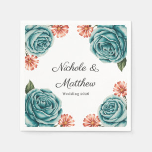 Elegant Teal Rose & Orange Daisey Wedding Napkin
