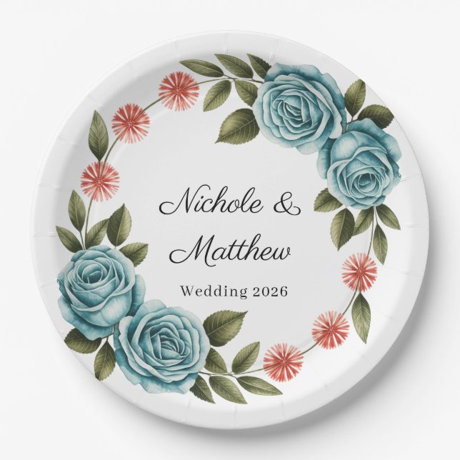 Elegant Teal Rose & Orange Daisey Wedding Paper Plate (Front)