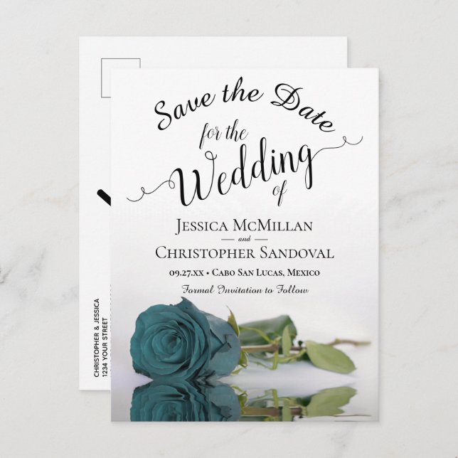 Elegant Teal Rose Simple Wedding Save the Date Announcement Postcard (Front/Back)