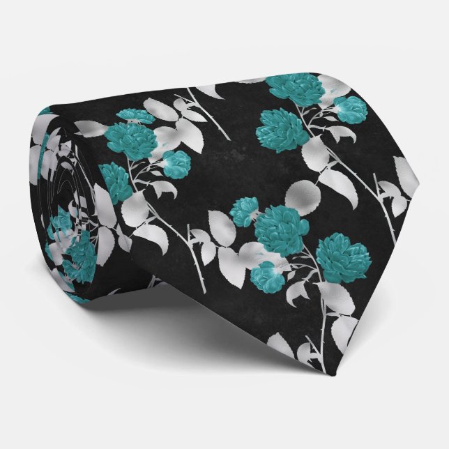 elegant teal rose tiled pattern neck tie (Rolled)
