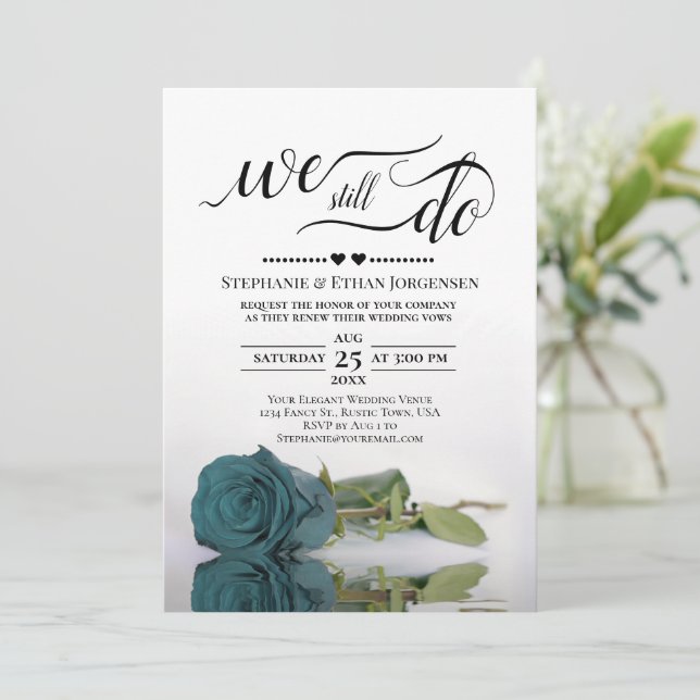 Elegant Teal Rose We Still Do Wedding Vow Renewal Invitation (Standing Front)