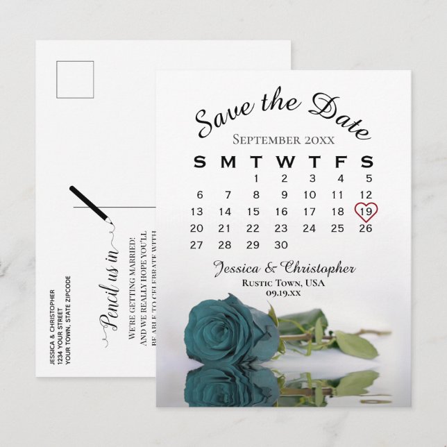 Elegant Teal Rose Wedding Calendar Save the Date Announcement Postcard (Front/Back)