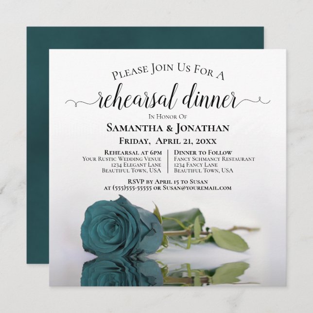 Elegant Teal Rose Wedding Rehearsal & Dinner Invitation (Front/Back)
