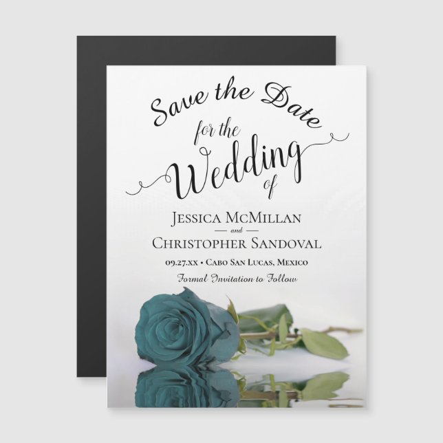 Elegant Teal Rose Wedding Save the Date Magnet (Front/Back)