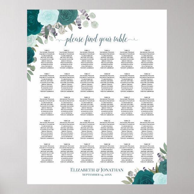 Elegant Teal Roses 30 Table Wedding Seating Chart (Front)
