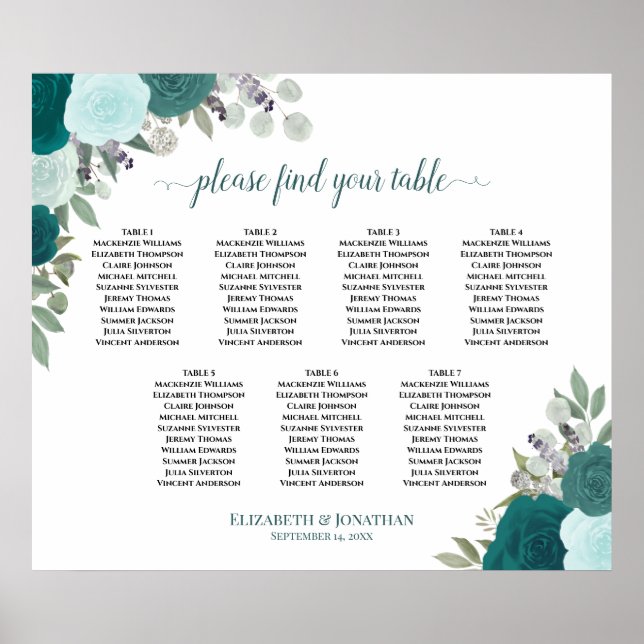 Elegant Teal Roses 7 Table Wedding Seating Chart (Front)