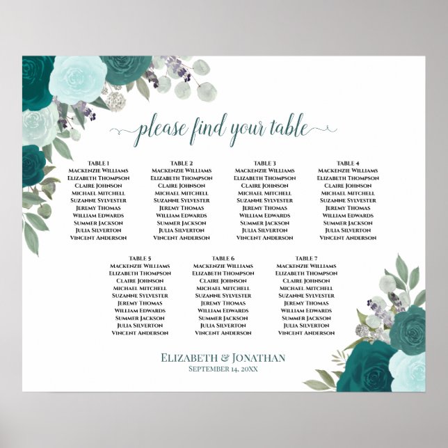 Elegant Teal Roses 7 Table Wedding Seating Chart (Front)