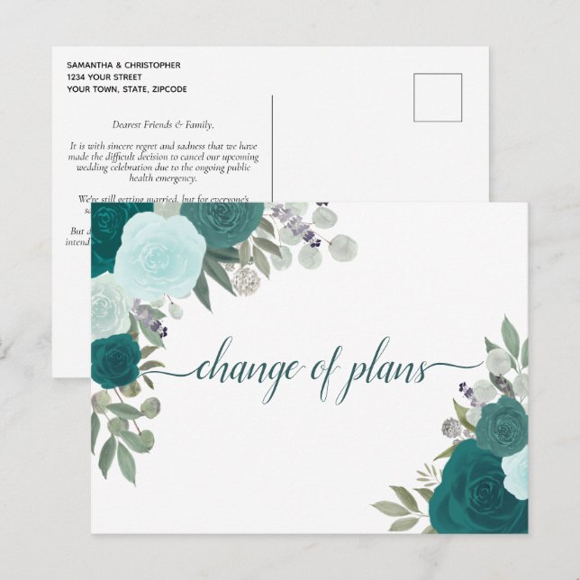 Elegant Teal Roses Change of Wedding Plans Announcement Postcard (Front/Back)