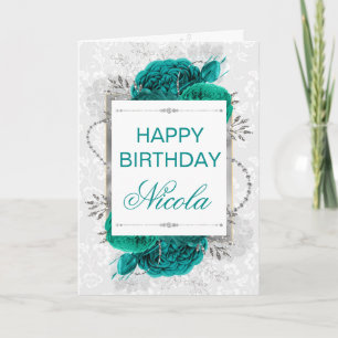 Elegant Teal Roses & Silver Glitter Birthday Card
