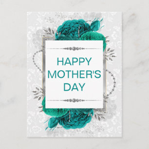 Elegant Teal Roses & Silver Glitter Mother's Day Postcard
