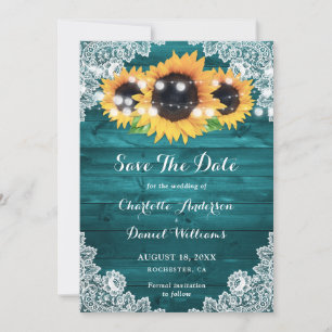 Elegant Teal Rustic Wood Lace Sunflower Save The Date